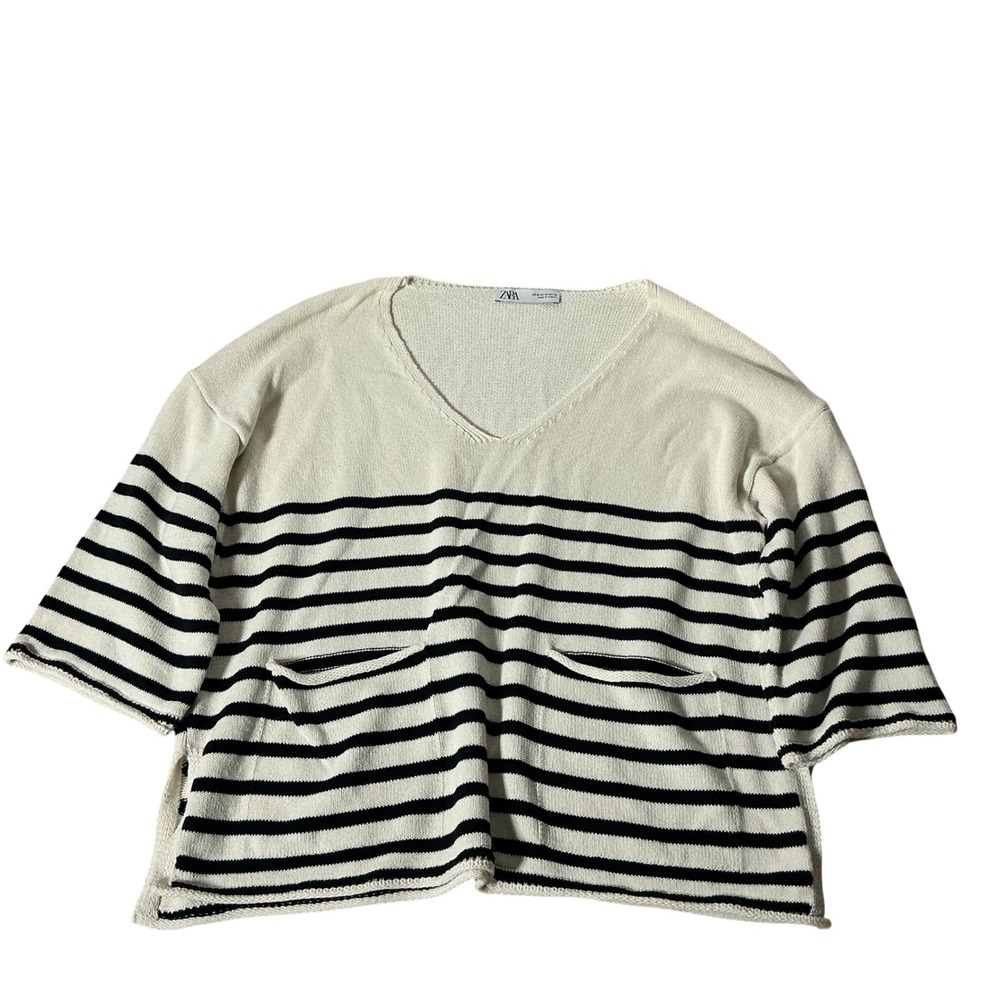 Zara Striped V-Neck Knit Sweater Women M White Black Nautical Oversized Pockets